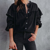Persönlichkeit Street Nieten Laterne Ärmel Lotus Blatt Ärmel Gewaschen Raw Edge Farbe Denim Jacke